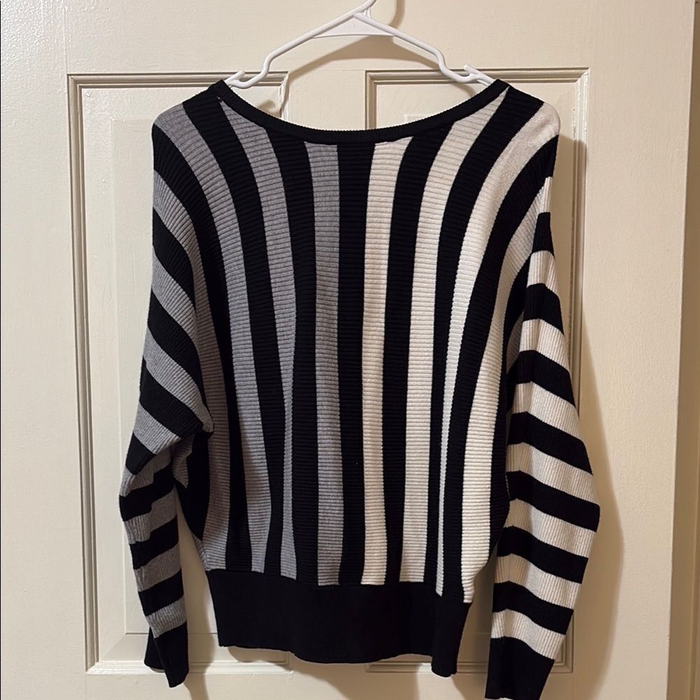 Tahari Black, White & Gray Striped V-Neck Sweater